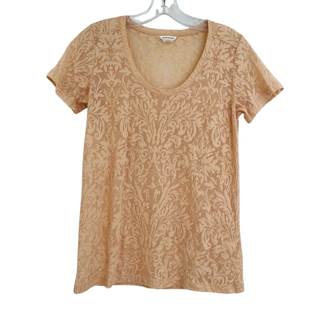 Club Monaco Damask Burnout Tee Womens Small Peach Linen Blend Ethereal Coastal